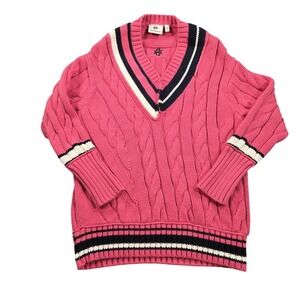 Banana Republic Sweater Mens XS Pink Cable Knit V Neck BR Athletics Striped Trim